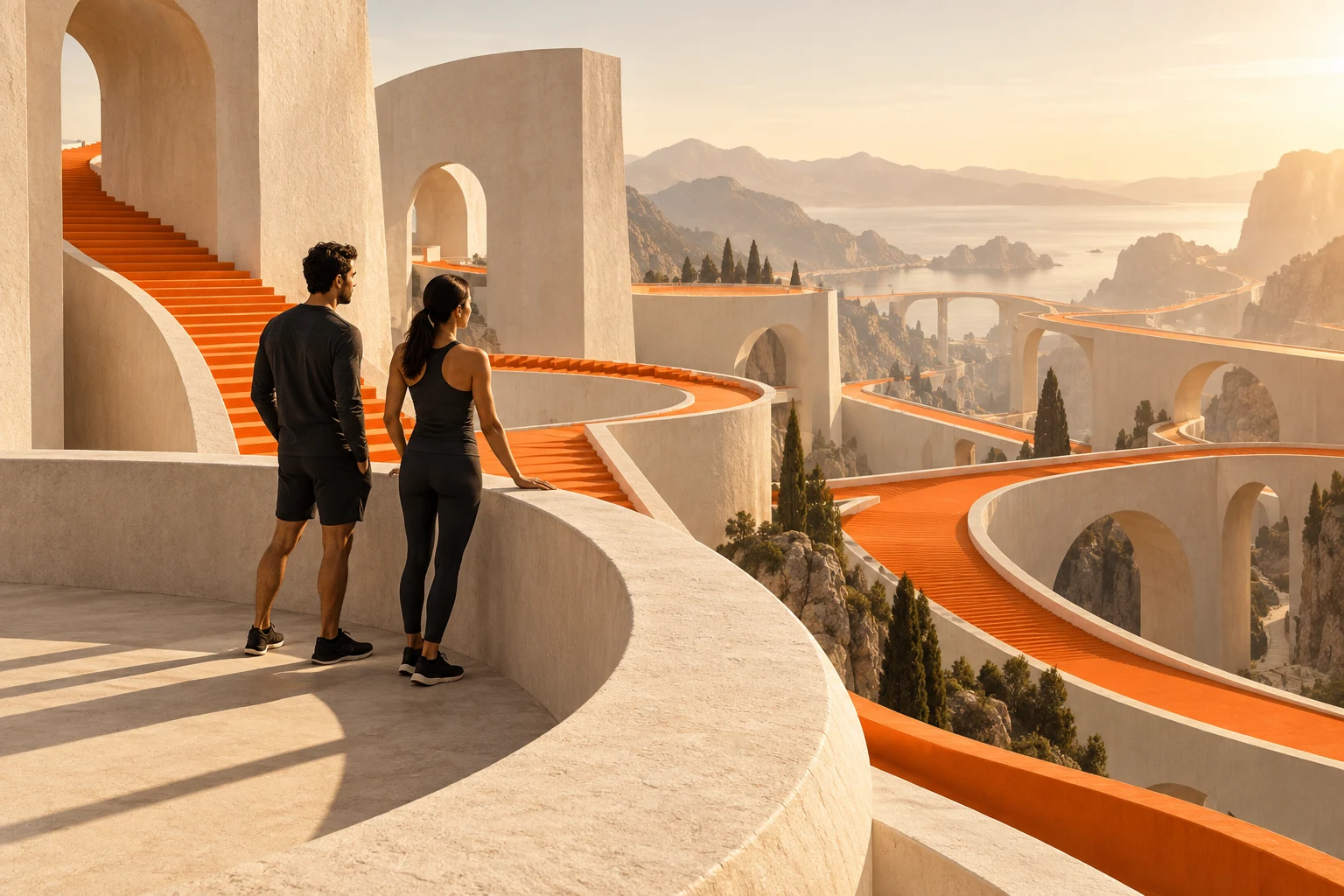 Teammates overlooking orange paths from an elevated platform