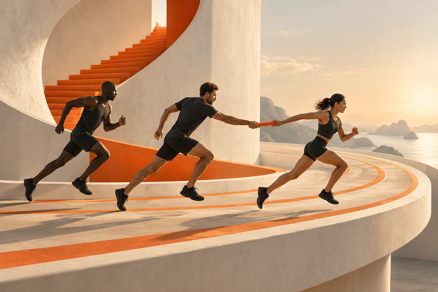 Teammates passing a relay baton on an orange and ivory track