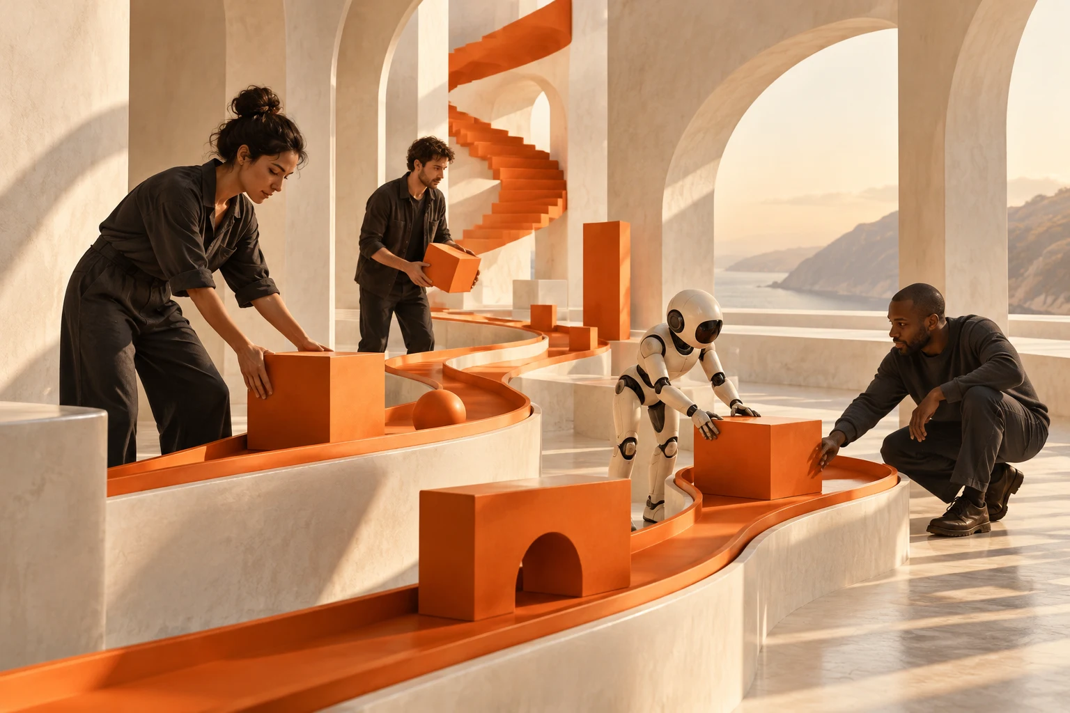 A small team working with a robot to move architectural blocks