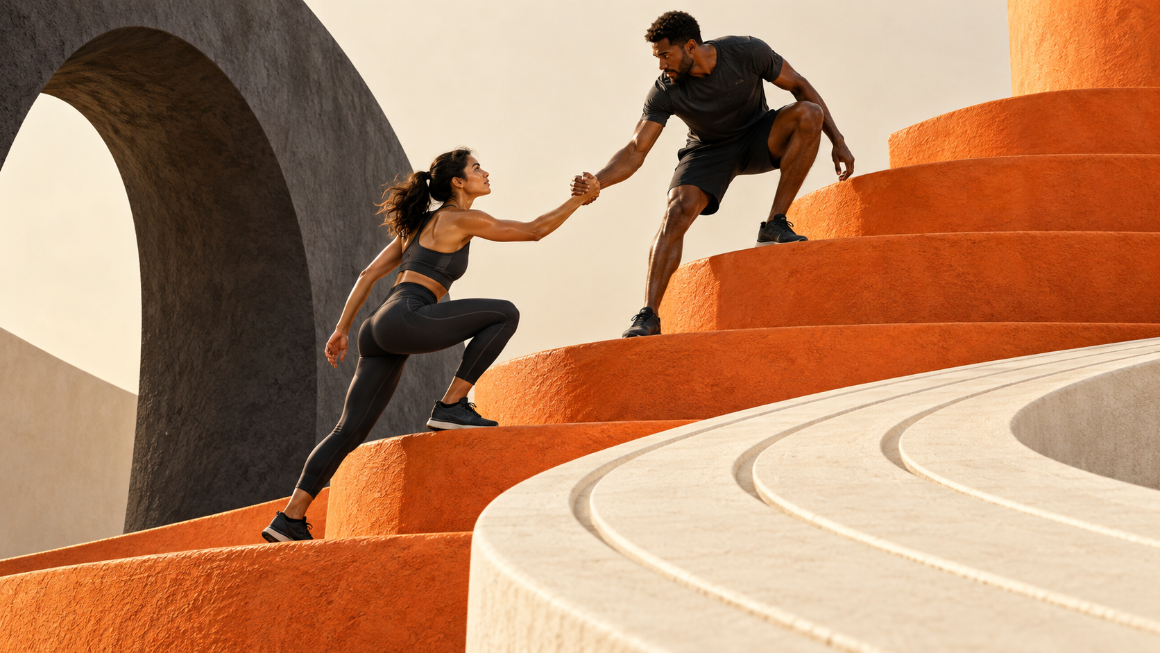 Two teammates helping each other climb a monumental orange staircase, symbolising shared progress