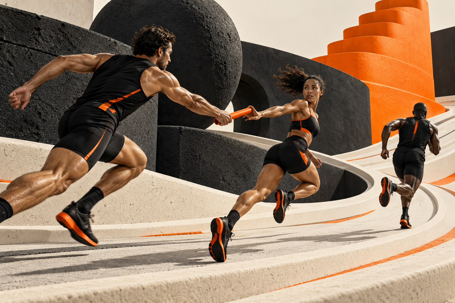 Three relay runners working together on a sculptural orange, charcoal and ivory athletics track